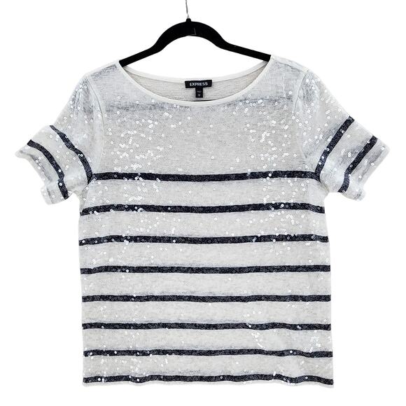 Express Sequin Women's  Blouse Knit White Navy Stripe Short Sleeve Top Medium - Picture 1 of 8
